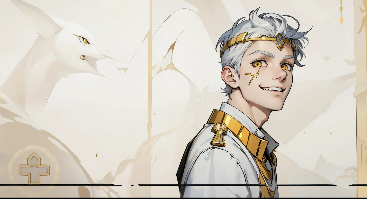 cute 18 year old boy yellow eyes white hair ancient egyptian clothing golden jewelry speaks with threat malevolent smile sarcastic mischievous smile mocking mischief