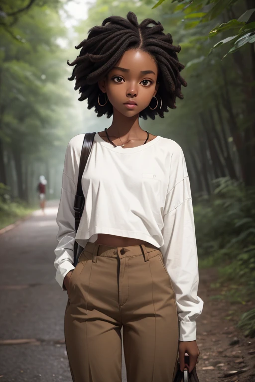 (masterpiece, best quality), deep ebony 1girl, beautiful face, short Afro braids , cute, street clothing, beautify, Lofi vibe,, cute night vibe, concentrated, hands outside of the picture, exploring the nature, forest, , white shirt, brown trousers, not sexy, cute look, clothing is dry and baggy, small breasts,  vibe