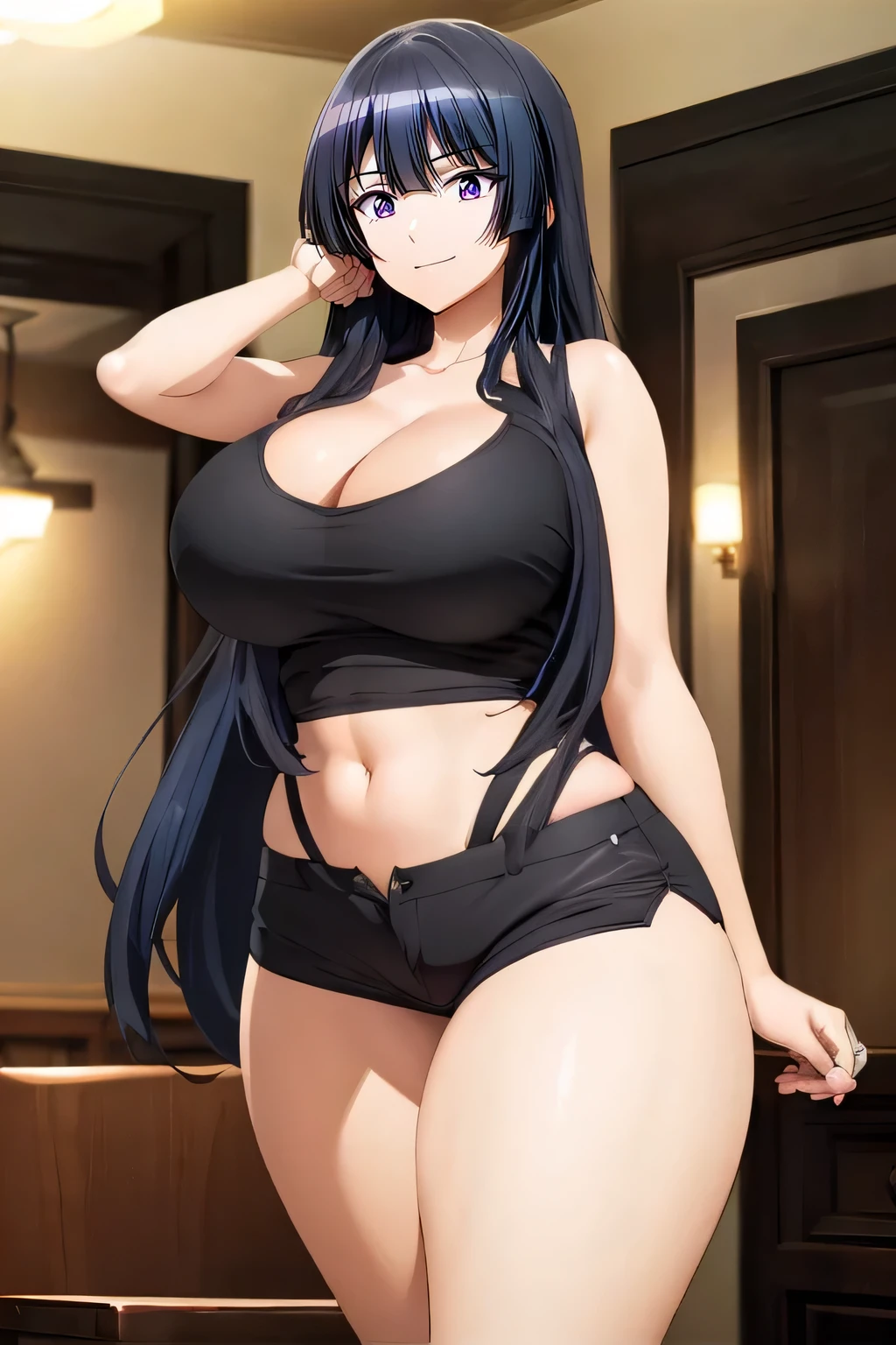 (masterpiece), expressive eyes, best quality,perfect face
8k, best quality, real picture, intricate details, ultra-detailed, ultra highres, depth field,fully body,sexy,(photorealistic,realistic:1.2),masterpiece, straight-on shot, dutch angle, 1girl, an extremely beautiful , innocent big eyes, (Black _LONG_hair), (Brown_eyes:1.0),(wavy hair,(Bangs),long hair, perfect shiny skin, flawless skin, fair skin, huge breasts, cleavage, narrow waist, light blush, solo, looking at viewer, evil smile, chubby under clothes, sweat, wearing ((Black Tank Top)), Sleeveless,Black_Vest_top,((Black Shorts)), (gravure pose :1.1), sunset, classroom ,(seductive smile, jagged expression, evil expression)),(Beautiful,huge_Breasts:1.4), (beautiful face:1.5),(narrow waist),(huge ass :1.4),(slender body:1.2),cleavage, midriff,navel,Large Aerolae,perky breasts,(detailed black tank top),expressive eyes,perfect eyes, (beautiful eyes), (dazzling pupils), (amazing irises), (perfect eyes), perfect anatomy ,no mistakes,1girl, covered nipples, plump,standing, slim legs, unaligned breasts,slim legs,glossy hair, glossy skin, glossy eyes, detailed hair,photo of perfecteyes eyes,wearing tight black tanktop with black hotpants,tareme-eyes,very_long_hair,Detailedface,wearing tight black tanktop with black hotpants,