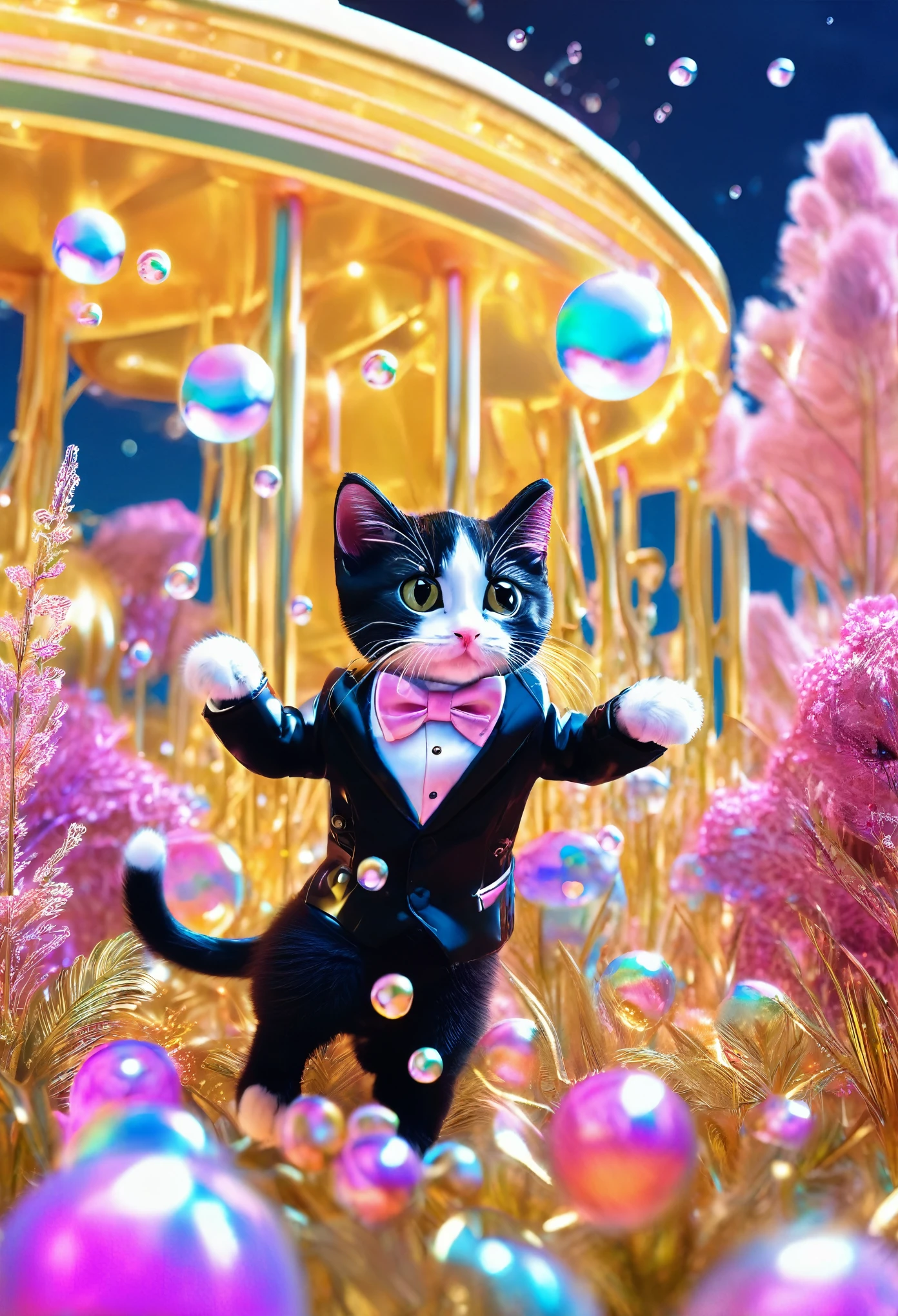 A stunning (((wide angle shot))), capturing joyful, (((kittens))) dressed in a sleek (((black tuxedo))) and bow tie, jumping playfully towards a twinkling night sky filled with (((floating, glittering bubbles))), all set against a backdrop of a whimsically futuristic (((sci fi garden))) adorned with colorful, glowing cookies and milk and hovering, gleaming vehicles that silently glide through the starry sky, shining with iridescent light.