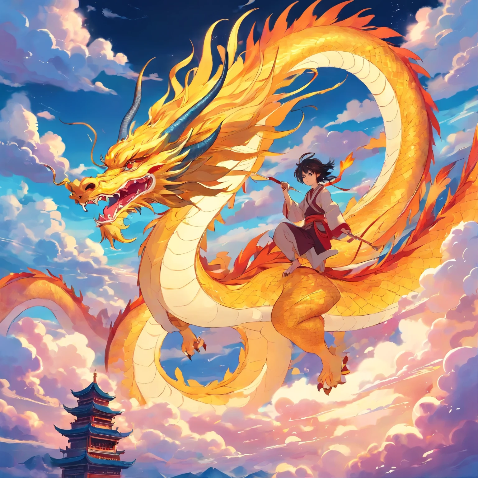Chinese dragon in colorful clouds, The golden dragon faces right，art nouveau illustration, Meticulous skies, Chinese style, Visual poetry