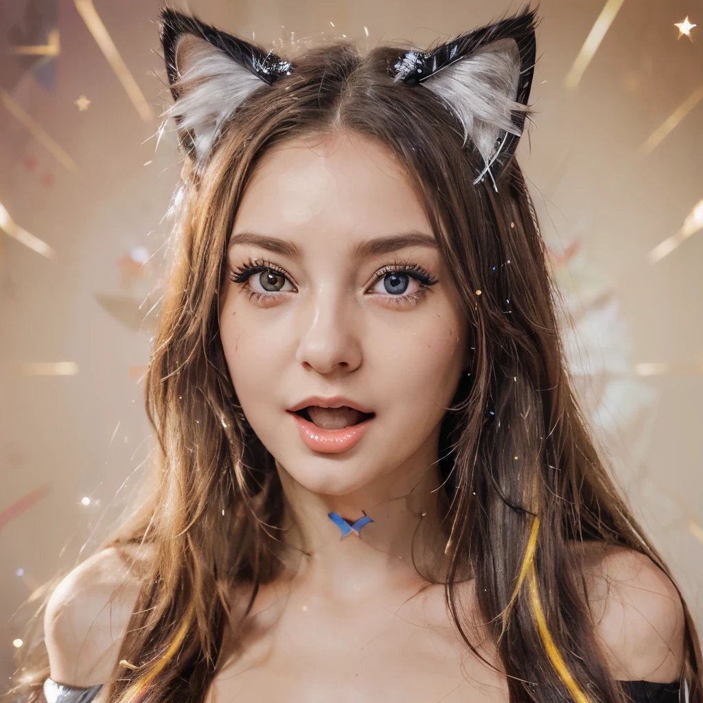 (masterpiece, best quality), ((1girl, (mature female) long hair), (star-shaped pupils, +_+, symbol-shaped pupils, sparkling eyes), (cat ears, open open mouth)), (looking at viewer, light smile, off shoulder), (abstract, multicolored background, abstract background, chromatic aberration),