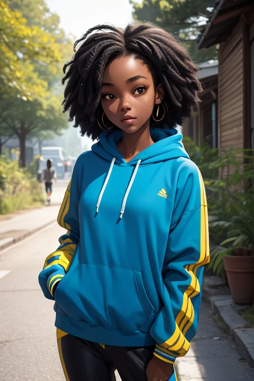 (masterpiece, best quality), deep ebony 1girl, beautiful face, short Afro braids , cute, street clothing, beautify, Lofi vibe,, cute night vibe, concentrated, hands outside of the picture, exploring the nature, forest, , blue and yellow hoddie, white trousers , not sexy, cute look, clothing is dry and baggy, small breasts, vibe, jogging