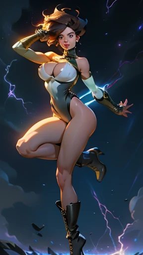 1 girl, slim, slim and toned body, focus only, Superhero, leotard, highleg leotard, gold details on leotard, bare legs, boots, mature lady, giant cleavage, big breasts, hard nipples, slim waist, toned thighs, long legs, big hips, rotating your body, dynamic and sensual pose, flying, floating in the skies, dark clouds, full body, full body, lightning, UHD ultra high resolution, absurdities, beautiful face, detailed eyes, symmetrical eyes.