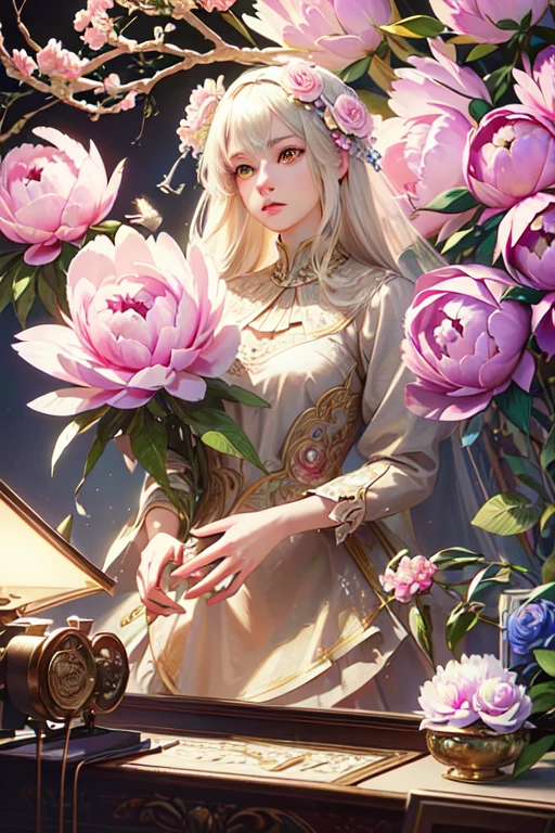 ((bird and peonies)),(ultra-high resolution),(Super detailed novelty),(Detailed description),((The best computer graphics)),(Masterpiece),Ultra-detailed art,A wonderful new kind of art,(Art with precise details:1.5), Abundance of colors, gorgeous and luxurious, gorgeous