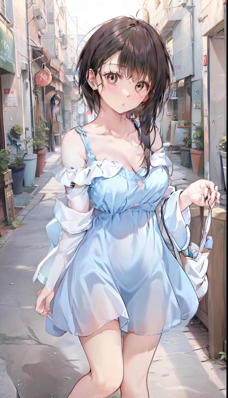 One Girl、positive、Standing posture、Full body portrait、Black Hair、Medium Haircut、blush、Absolute area、No panties、No bra、barefoot、Light blue dress、Off-the-shoulder dress、(Very large breasts)、Cleavage、((Lesbians around the world))、masterpiece、(highest quality)、、White heel sandals、Shirt buttons fly off、Unbutton your shirt、Exposing the breasts、Shopping Street