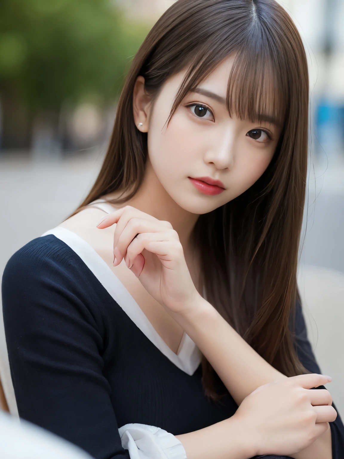 Tabletop, highest quality, figure, Super detailed, In detail, High resolution, 8k wallpaper, Perfect dynamic composition, Beautiful fine details, Black long sleeve dress,Straight hair, Natural color lip, Bold sexy pose、20-year-old girl、cute,Take close-up photos of your face,Sexy Face,Sexual excitement climax face、Blur the background,Perfect and beautiful face,An expression inviting a man,Met,Anatomically correct body,Blur the background