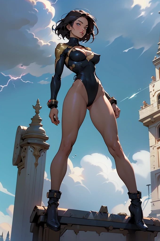 1 girl, slim, slim and toned body, focus only, Superhero, leotard, highleg leotard, gold details on leotard, bare legs, boots, mature lady, giant cleavage, big breasts, hard nipples, slim waist, toned thighs, long legs, big hips, rotating your body, dynamic and sensual pose, flying, floating in the skies, dark clouds, full body, full body, lightning, UHD ultra high resolution, absurdities, beautiful face, detailed eyes, symmetrical eyes.