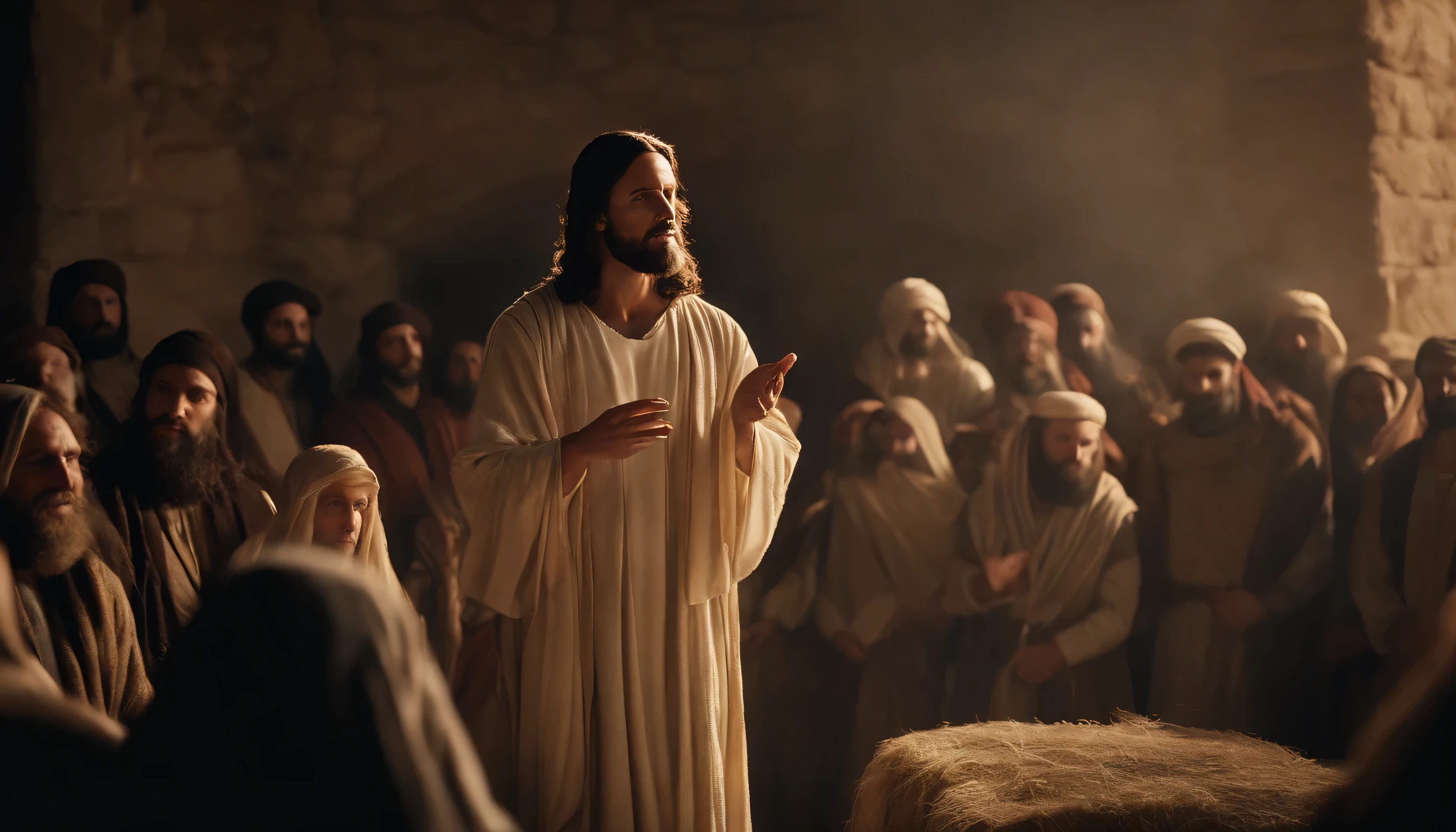 Jesus Christ preaching his teachings to the people of Jerusalem, with professional cinematic style and natural light