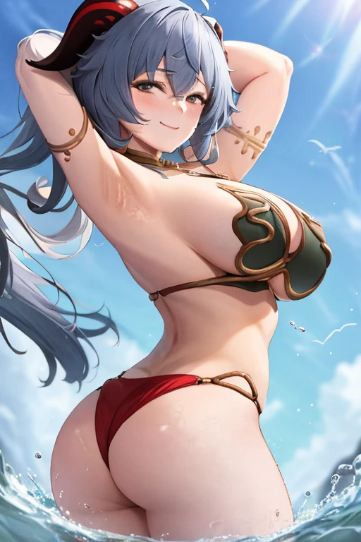 masterpiece, best quality, beautiful art, high resolution, well formed hands, body and fingers, 1 woman, solo, Ganyu, goat horns, wearing a slave Leia outfit , pelvic curtain, long hair,, adult, big breasted, cleavage, full body, sexy and skimpy outfit , gorgeous legs and thighs , dancing seductively and erotically, turning backwards and forwards, showing her back and front, showing her butt, bikini thong, smiling joyfully, looking at the viewer, flirting, beach environment