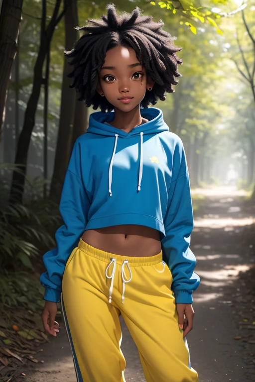 (masterpiece, best quality), deep ebony 1girl, beautiful face, short Afro braids , cute, street clothing, beautify, Lofi vibe,, cute night vibe, concentrated, hands outside of the picture, exploring the nature, forest, , blue and yellow hoddie, white trousers , not sexy, cute look, clothing is dry and baggy, small breasts, vibe, jogging, cute smile