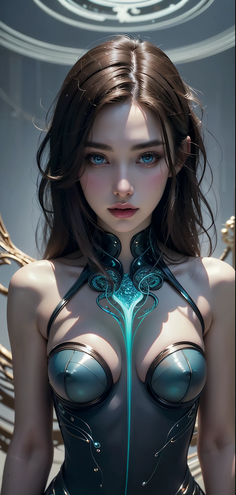 A glass-like alien floral monument bioluminescence , humanoid structure entangled in a star light back ground, is displayed in out realms, stary background, concept art, feminine beauty, god, (best quality,8K,highres,masterpiece), ultra-detailed, (surreal portrait of flawless Android beauty), The Android's long, messy "hair" consists of intricate circuitry patterns, adding to the surreal and futuristic aesthetic.