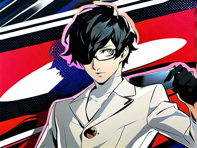 16K,UHD,Very detailed,Persona 5,Good Youth,Black Hair,Black-rimmed glasses,1 male,White long coat,Light blue inner,Black gloves,smartphone