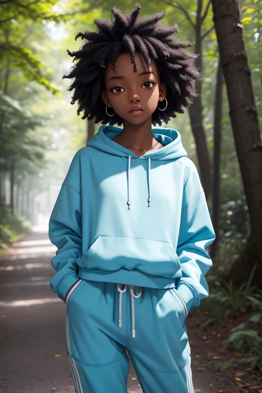 (masterpiece, best quality), deep ebony 1girl, beautiful face, short Afro braids , cute, street clothing, beautify, Lofi vibe,, cute night vibe, concentrated, hands outside of the picture, exploring the nature, forest, , blue and yellow hoddie, white trousers , not sexy, cute look, clothing is dry and baggy, small breasts, teen vibe, jogging,