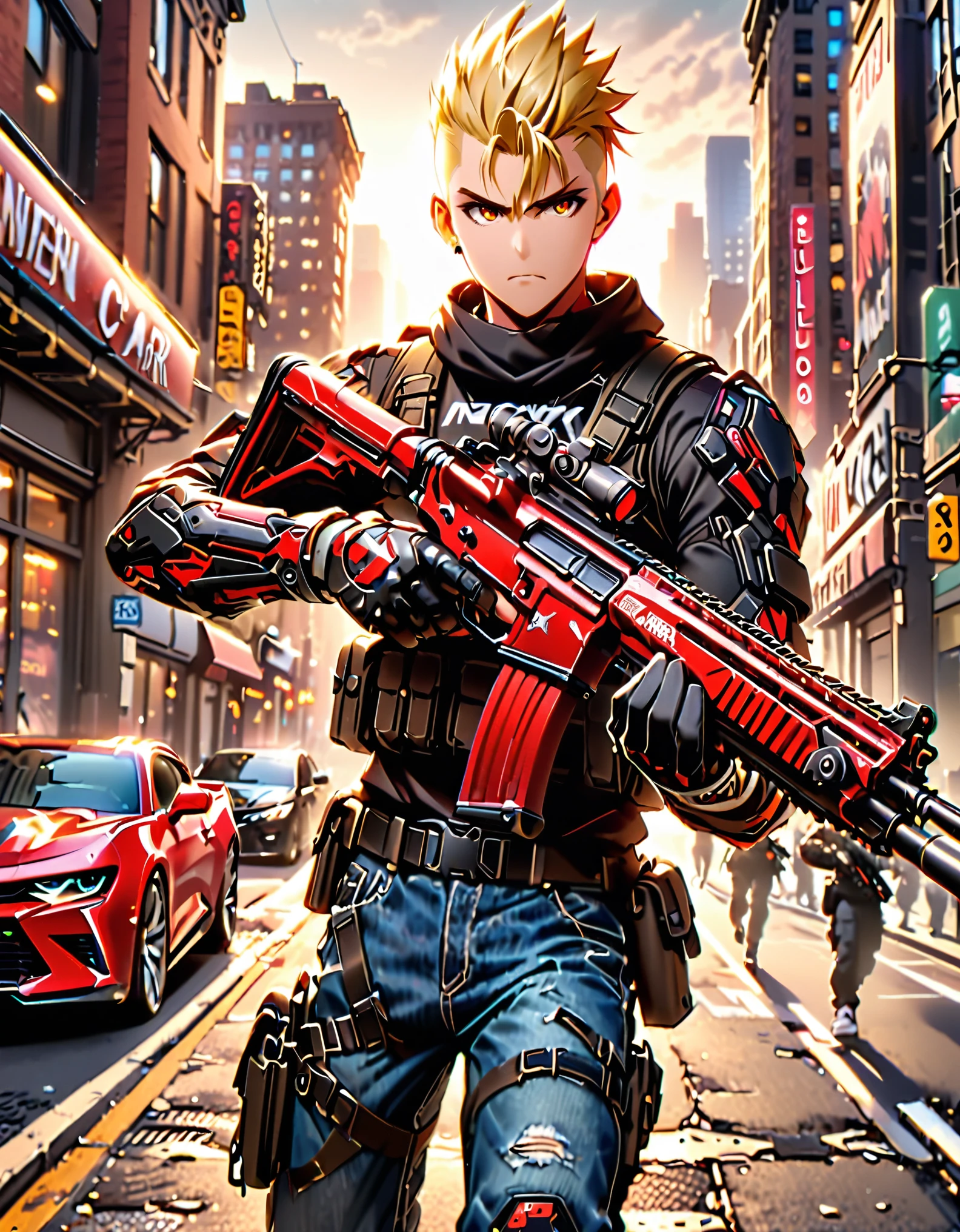 masterpiece, best quality, high res, 1boy, college-age male, blonde hair, short hair, mohawk, perfect hands, finger on trigger, gloves, gun, holding gun, holding weapon, assault rifle, holster, male focus, black rifle, new york city backdrop, solo, solo focus, trigger discipline, weapon, brown eyes, assault vest, black sweater, cybernetic arms, jeans, sneakers. 1car, motor vehicle, automobile, red chevorlet camaro. action: standing straight. facial expression: determined