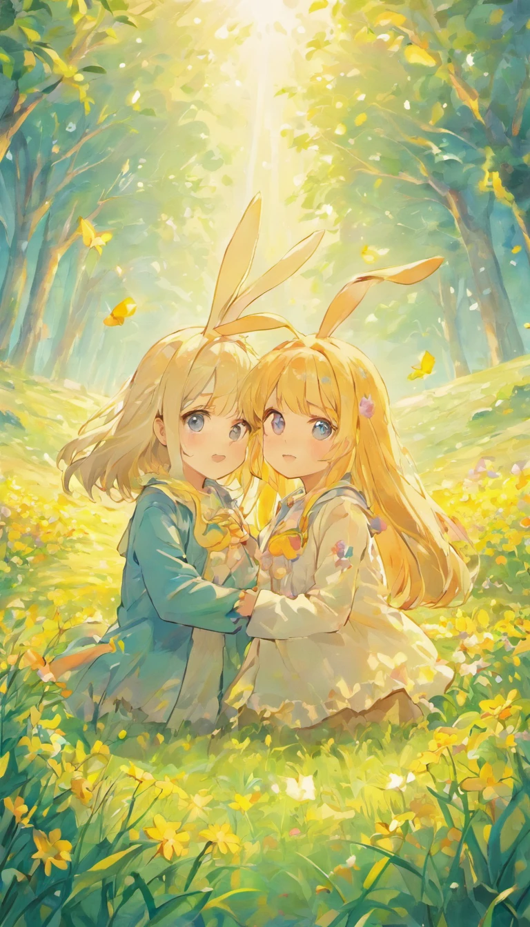 The best quality: 1.2,masterpiece: 1.2,real: 1.2, close-up photo, two Easter bunnies, Big blue eyes, very cute, next to each other, outside, meadow, sunrise, colorful Easter eggs