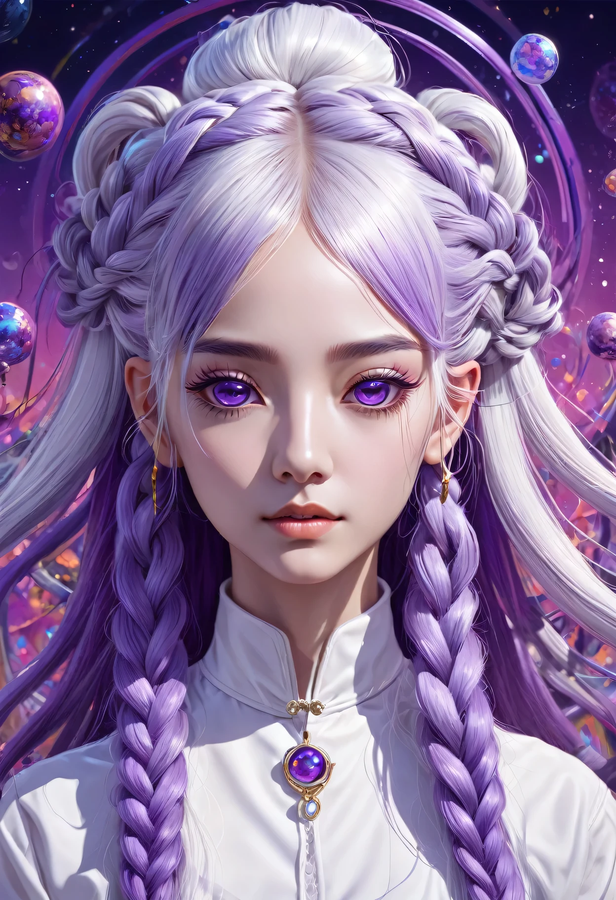 Portrait of a Deep Psychedelic Therapist, Surrealism, Hallucinogens, 1 Girl, yinji, purple hair, purple eyes, long hair, white hair, double braids, gradient hair, complex, elegant, agility, The content is very detailed, number, Art Station, Concept Art, Smooth, Clear focus, Implications