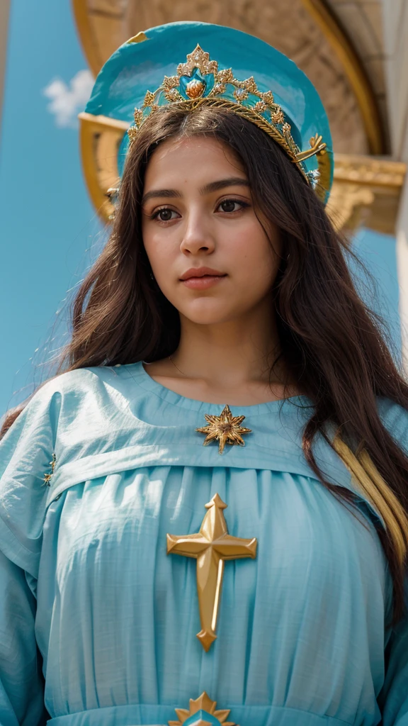 the image of Our Lady of Fatima, full of grace, could portray her with a serene and compassionate countenance, your radiant eyes expressing love and compassion. Ela estaria vestida em um manto azul celestial, simbolizando sua pureza e proximidade com o divino, with golden details highlighting its spiritual importance. in your arms, seguraria o Jesus, envolto em luz divina, symbolizing her motherhood and role as mother of Christ. Ao redor de ambos, uma aura de luz suave e reconfortante irradiaria, representing the divine presence and maternal protection of Our Lady over her devotees. In your head, uma coroa de estrelas resplandeceria, symbolizing her position as Queen of Heaven and Earth. Behind Our Lady, uma paisagem celestial se estenderia, com nuvens suaves e douradas, representing the presence of God and the heavenly peace it brings with it.