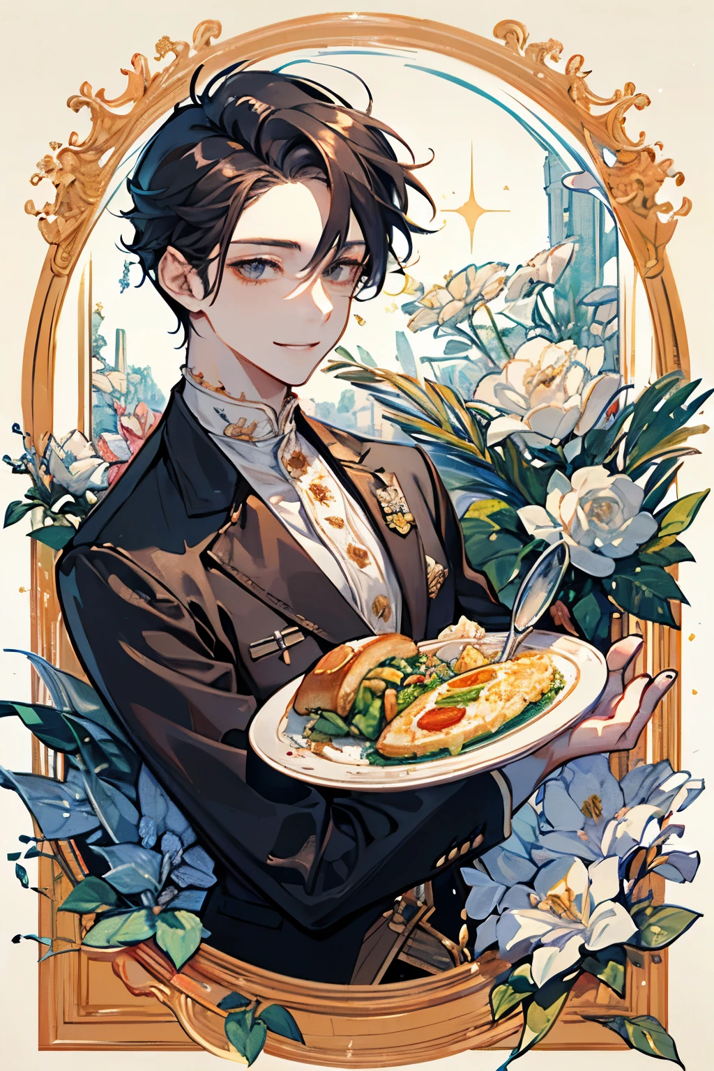 Fill with background、((Male, around 18 years old:1.2))、((1 men's:1.3))、((half up and half down hair:1.2))、beautiful smile、beautiful graphic、high quality、Sparkling Shiny eyes、Cafe terrace、lunch Time、omelet containing fried rice、