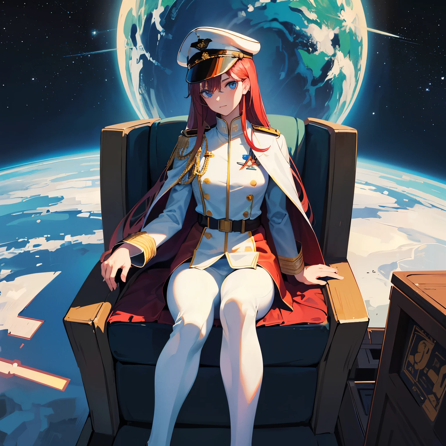 ((Masterpiece)), ((Highest Quality)), ((Best Quality)), (Illustration of One Girl), Full Body, 25 Years Old, Long Red Hair, (Thin Hair on Both Sides of the Face), Blue Eyes, (Tall)), ((Muscular Strong Body)), (Manspreading)), Open Legilitary Uniform)), (Military Hat)), ((Military Coat)), (White Clothes), (White Pants), (White Hat), Trench Coat, ((Inside the spaceship, sitting in the captain's seat)), (outside the window, space, Earth seen from space, spaceport)