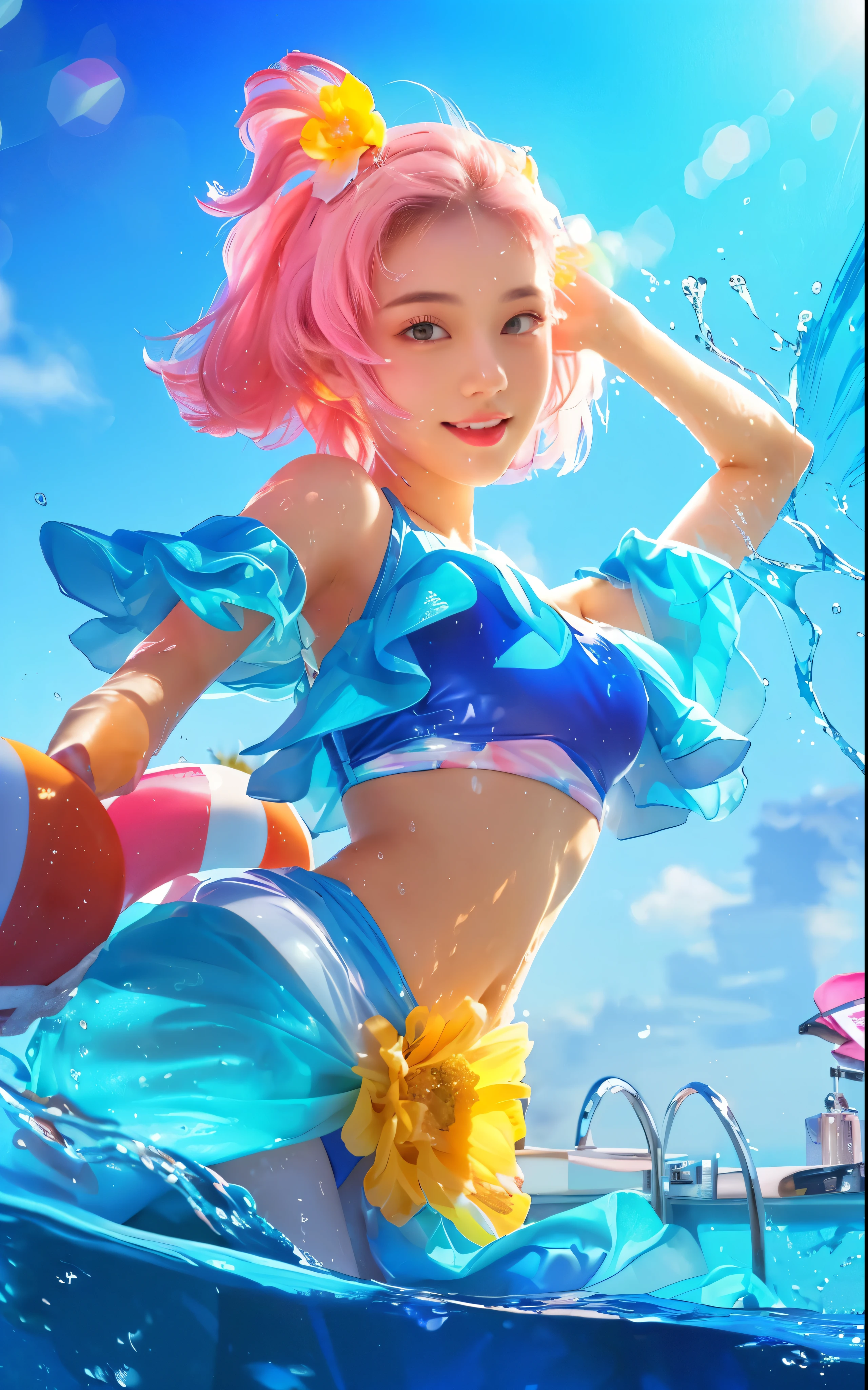 a close up of a girl in a bikini on a pool,pink short hair,beautiful detailed eyes,beautiful detailed lips,extremely detailed face,longeyelashes,teen girl,summer,swimsuit,water,pool,splash,swimming,wet,reflective water,warm lighting,soft pastel colors,vibrant,photorealistic,8k,high quality,detailed description,masterpiece, smile