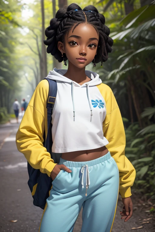 (masterpiece, best quality), deep ebony 1girl, beautiful face, short Afro braids , cute, street clothing, beautify, Lofi vibe,, cute night vibe, concentrated, hands outside of the picture, exploring the nature, forest, , blue and yellow hoddie, white trousers , not sexy, cute look, clothing is dry and baggy, small breasts, vibe, jogging, cute smile