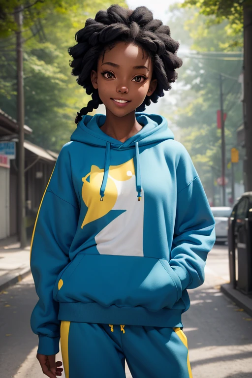 (masterpiece, best quality), deep ebony 1girl, beautiful face, short Afro braids , cute, street clothing, beautify, Lofi vibe,, cute night vibe, concentrated, hands outside of the picture, exploring the nature, forest, , blue and yellow hoddie, white trousers , not sexy, cute look, clothing is dry and baggy, small breasts, teen vibe, jogging, cute smile