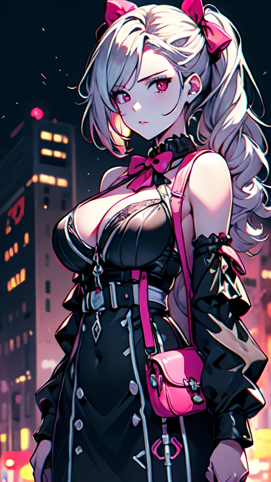 punished:_gray_Crow アイラ:_shine_(punished:_gray_Crow) _Nijisanji、Salome Tenbara、(punished:_gray_Crow) Absurd High Resolution Beret Black_Black Dress_Gloves Black_hat bow tie braids cleavage dress fingerless_Handbags Handbags Hats Huge_with long breasts_I have long hair_sleeve pink_Ribbon Pink_hair shirt side_Braided side locks_Stuffed Animals_Stuffed pork_Toy White_shirt　Cyberpunk City