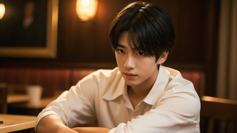 (Highly realistic photos, concentrate、High resolution, Detailed face, Detailed Hair,fine grain),Japanese men, 20-year-old, One boy,Only one person is in the photo、(Natural look),masterpiece,Kim Tae-hyung,Kim Taehyung\(BTS\),Stage makeup,Fair skin,Broad shoulders:1.5,(Black Hair, :1.2),((Wearing a white shirt)), shy,A portrait of a young boy sitting in a dimly lit dinner restaurant, captured with an 85mm lens. The photo features warm, crimson tones and soft focus lights in the background, creating a cozy and intimate atmosphere. The boy has a relaxed expression, and the overall mood is nostalgic and cinematic.