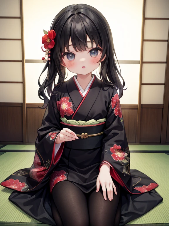 masterpiece, highest quality, Very detailed, 16k, Ultra-high resolution, Cowboy Shot, Detailed face, Perfect Fingers, 14-year-old girl, black eye, Black Hair, Wavy Hair, Red flower patterned dress, Japanese house, Tatami room, Japanese cushion, Sit upright, color kimono