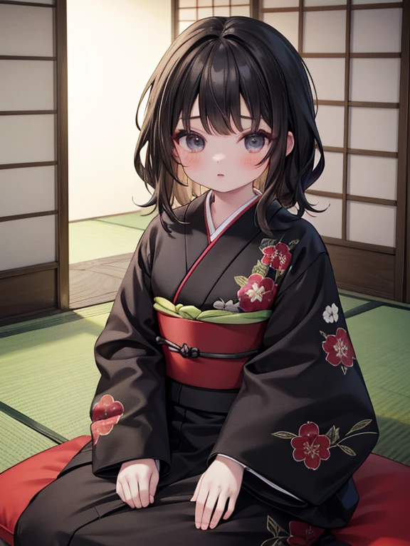 masterpiece, highest quality, Very detailed, 16k, Ultra-high resolution, Cowboy Shot, Detailed face, Perfect Fingers, -yeld gi black eye, Black Hair, Wavy Hair, Red flower patterned dress, Japanese house, Tatami room, Japanese cushion, Sit upright, color kimono