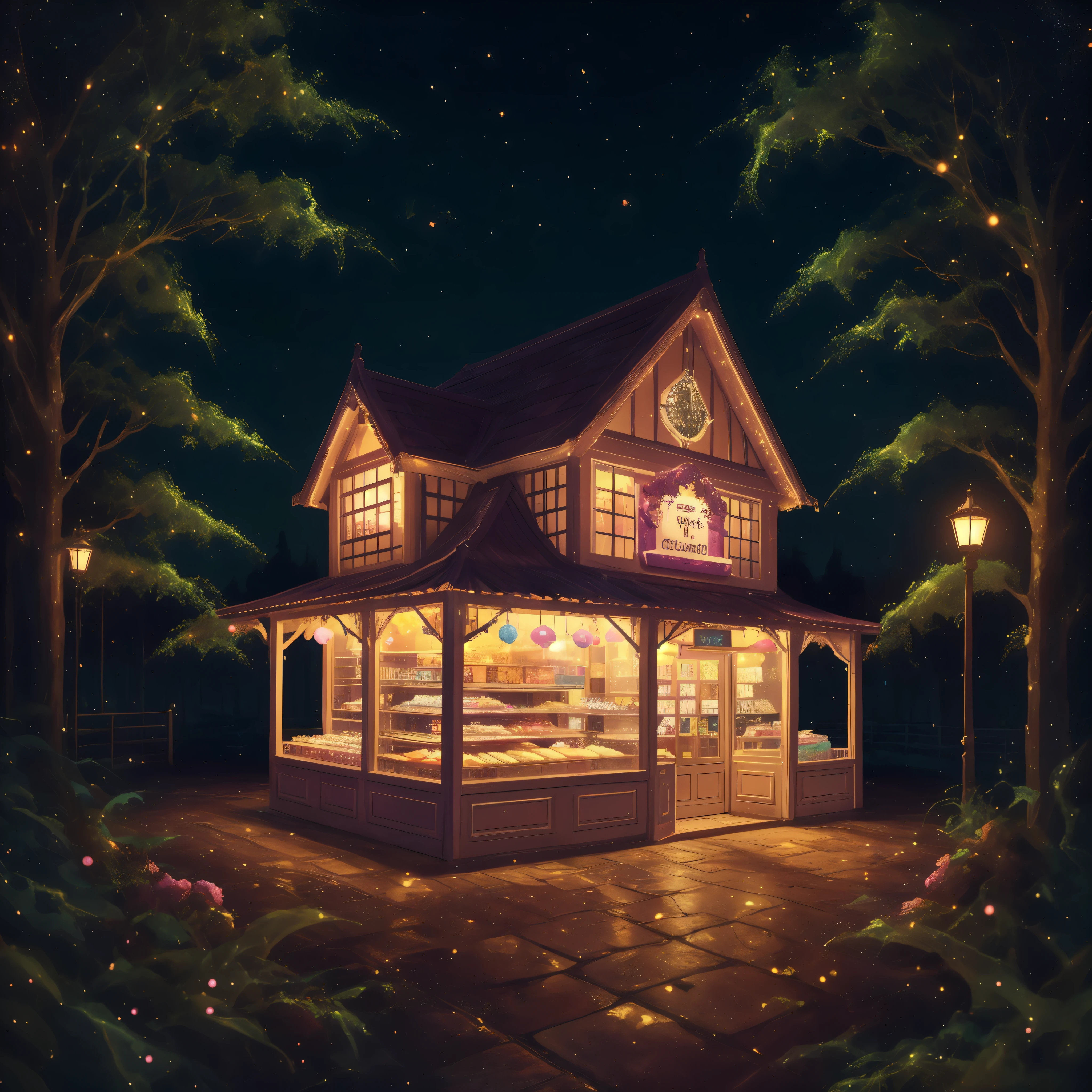A cute sweets shop in the Night Forest Square, Candy shop, Front of the building entrance, Overall view