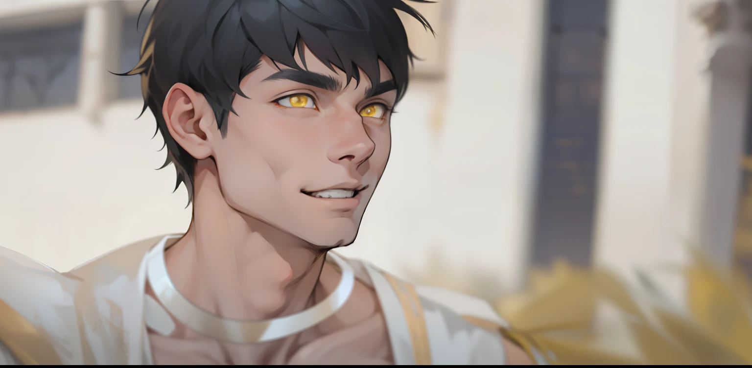 cute 18 year old boy yellow eyes white hair ancient egyptian clothing golden jewelry mischievous smile pocardia speaks with mockery irony yellow eyes white hair golden jewelry black and yellow egyptian clothes