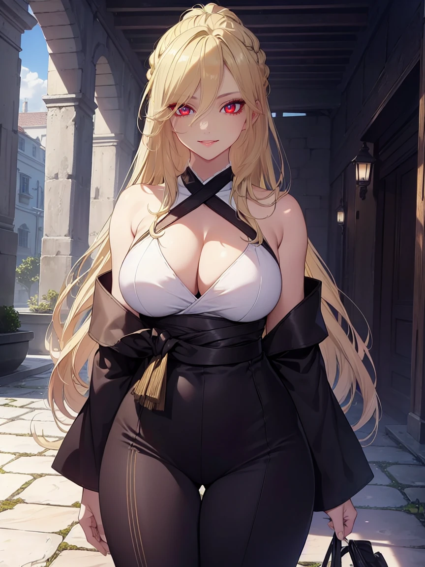 (Uhd, Masterpiece, Textured Skin, Super Detail, High Details, High Quality, Best Quality), Detailed Face, 1woman, mature pretty woman, ((wide hips, thick thighs, huge breasts)), ((Long blonde hair tied:1.5, Hair over the eye:1.5)), ((Black kimono, shoulderless:1.5, Bracelets), (Pants), (Huge body), (Cultivator), Courtyard with a stone floor