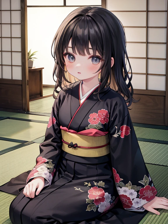 masterpiece, highest quality, Very detailed, 16k, Ultra-high resolution, Cowboy Shot, Detailed face, Perfect Fingers, 14-year-old girl, black eye, Black Hair, Wavy Hair, Red kimono, Japanese house, Tatami room, Japanese cushion, Sit upright, color kimono