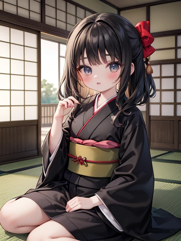 masterpiece, highest quality, Very detailed, 16k, Ultra-high resolution, Cowboy Shot, Detailed face, Perfect Fingers, 14-year-old girl, black eye, Black Hair, Wavy Hair, Red kimono, Japanese house, Tatami room, Japanese cushion, Sit upright, color kimono