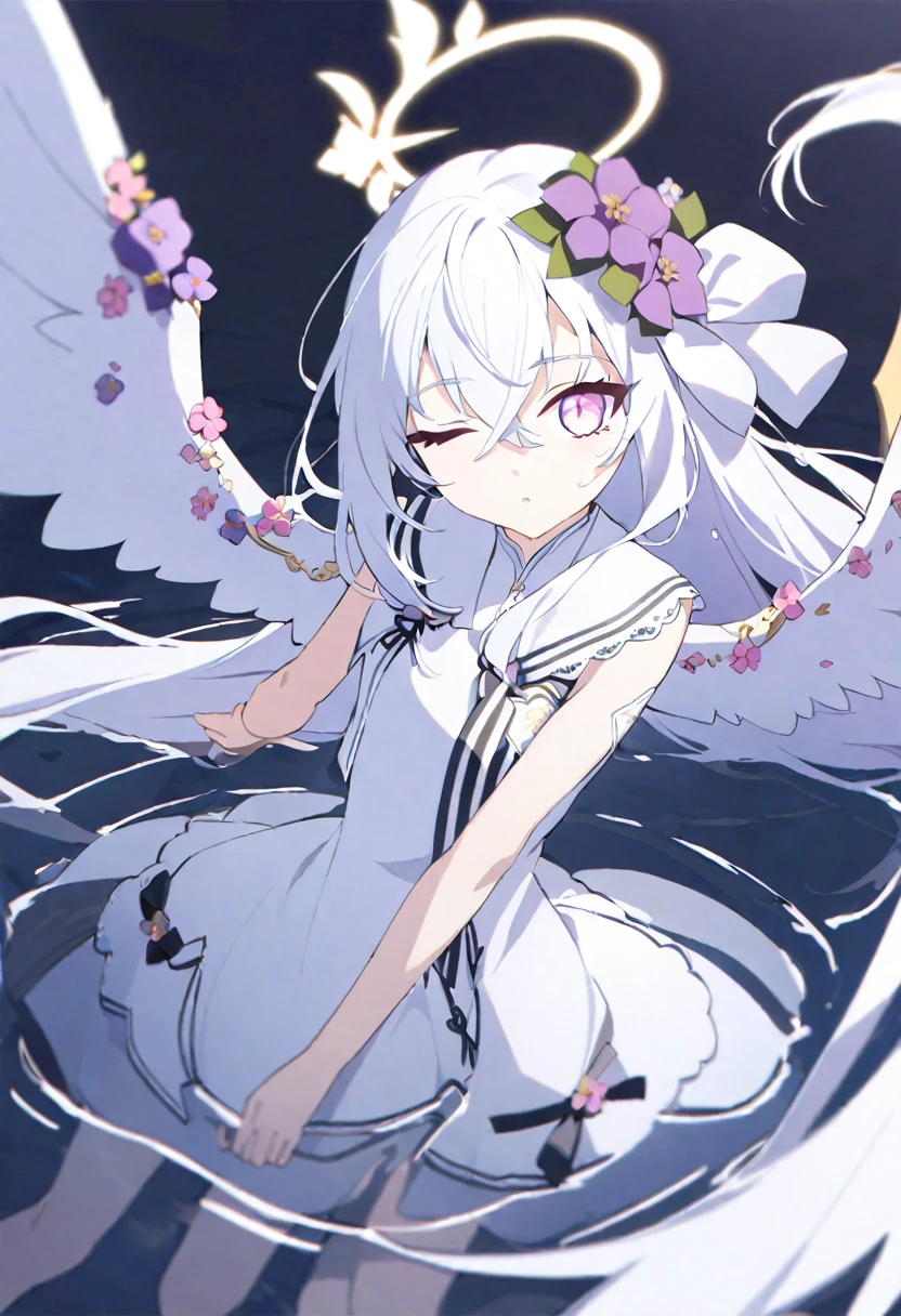 azusa \(blue archive\),1girl ;o ^^^ dress flower hair_flower hair_ornament halo long_hair one_eye_closed partially_submerged pink_eyes purple_flower simple_background sleeveless sleeveless_dress solo standing water white_background white_dress white_hair white_wings wings yellow_halo