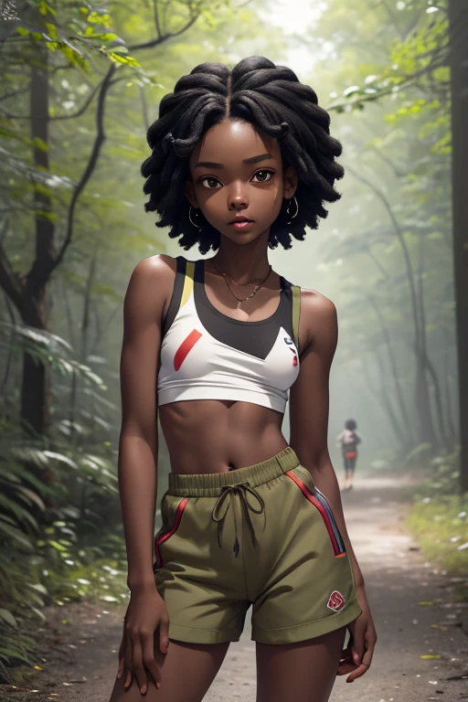 (masterpiece, best quality), deep ebony 1girl, beautiful face, short Afro braids , cute, street clothing, beautify, Lofi vibe,, cute night vibe, concentrated, hands outside of the picture, exploring the nature, forest, , dressed like ash ketchum , not sexy, cute look, clothing is dry and baggy, small breasts, vibe, jogging,