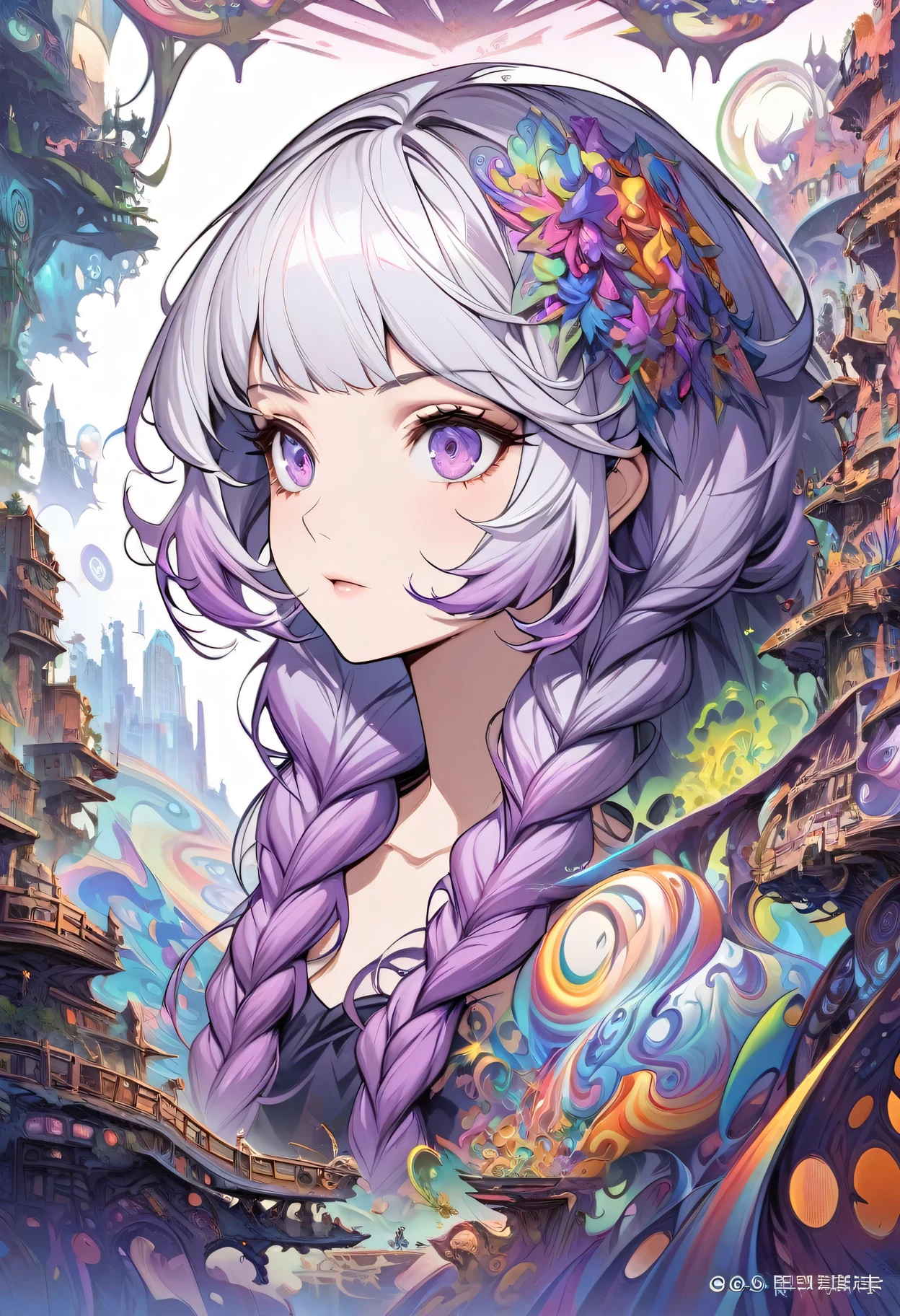 Portrait of a Deep Psychedelic Therapist, Surrealism, Hallucinogens, 1 Girl, yinji, purple hair, purple eyes, long hair, white hair, double braids, gradient hair, complex, elegant, agility, The content is very detailed, number, Art Station, Concept Art, Smooth, Clear focus, Implications