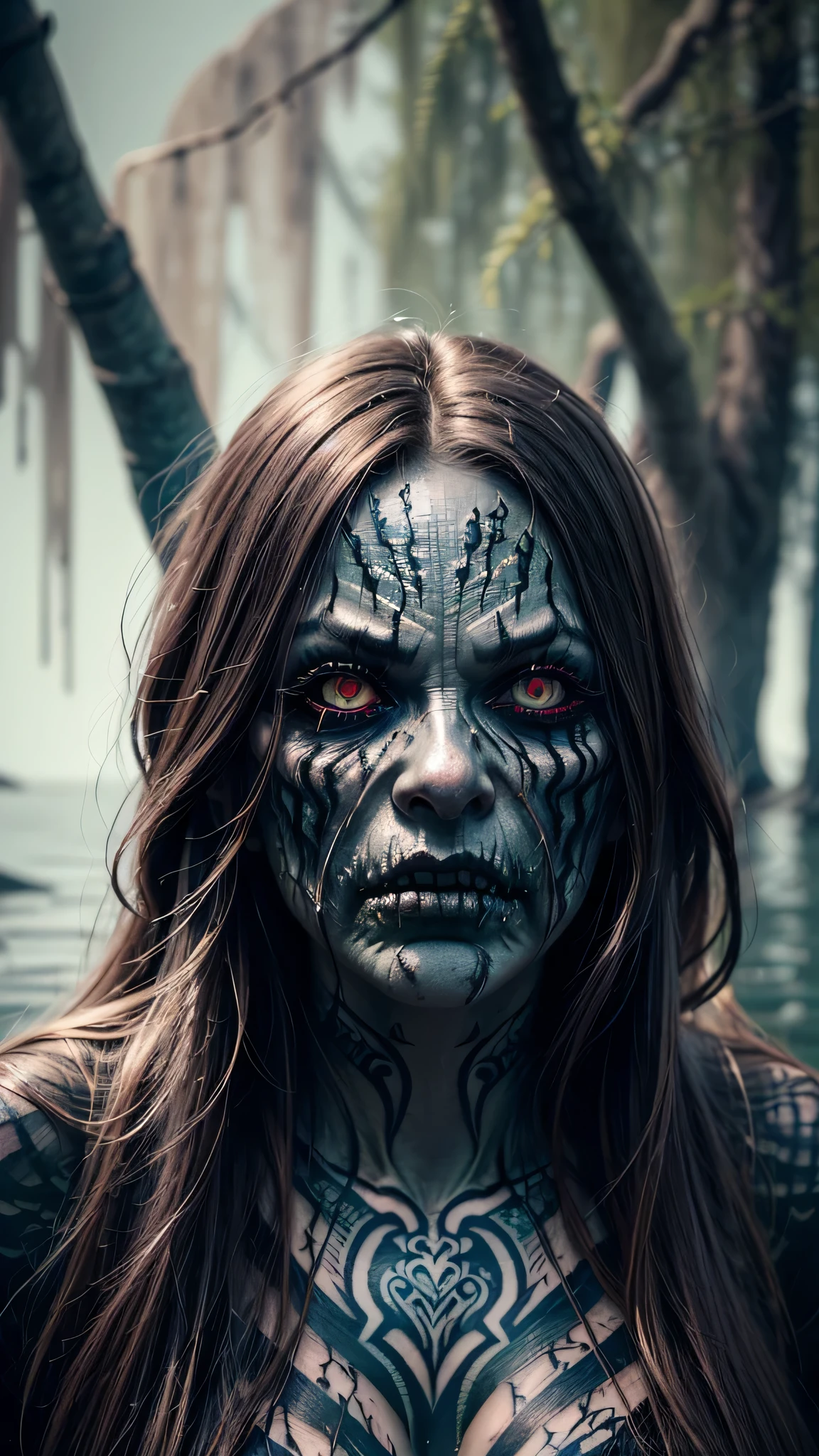 ((best quality: 1.5)) ((masterpiece)), intricate details, sharp focus, professional, real life, realistic representation of the face, dynamic pose, in the style of realistic and hyper detailed renderings BREAK ((detailed (((terrifying old swamp hag, blackout eye makeup:1.4, portrait, tattoo:1.4))), [black hair:purple hair:0.8], messy frizzy hair, [flat chest:medium breasts:0.8], maroon black robe, night, dim lighting, firelight, looking away, black lipstick, professional lighting, photon mapping, radiosity, physically based rendering, ultra resolution, hyper-realistic)), photorealistic, hyper-realistic, 8K
