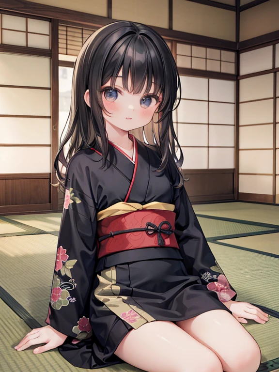 masterpiece, highest quality, Very detailed, 16k, Ultra-high resolution, Cowboy Shot, Detailed face, Perfect Fingers, 14-year-old girl, black eye, Black Hair, Wavy Hair, Red kimono, Japanese house, Tatami room, Japanese cushion, Sit upright, color kimono