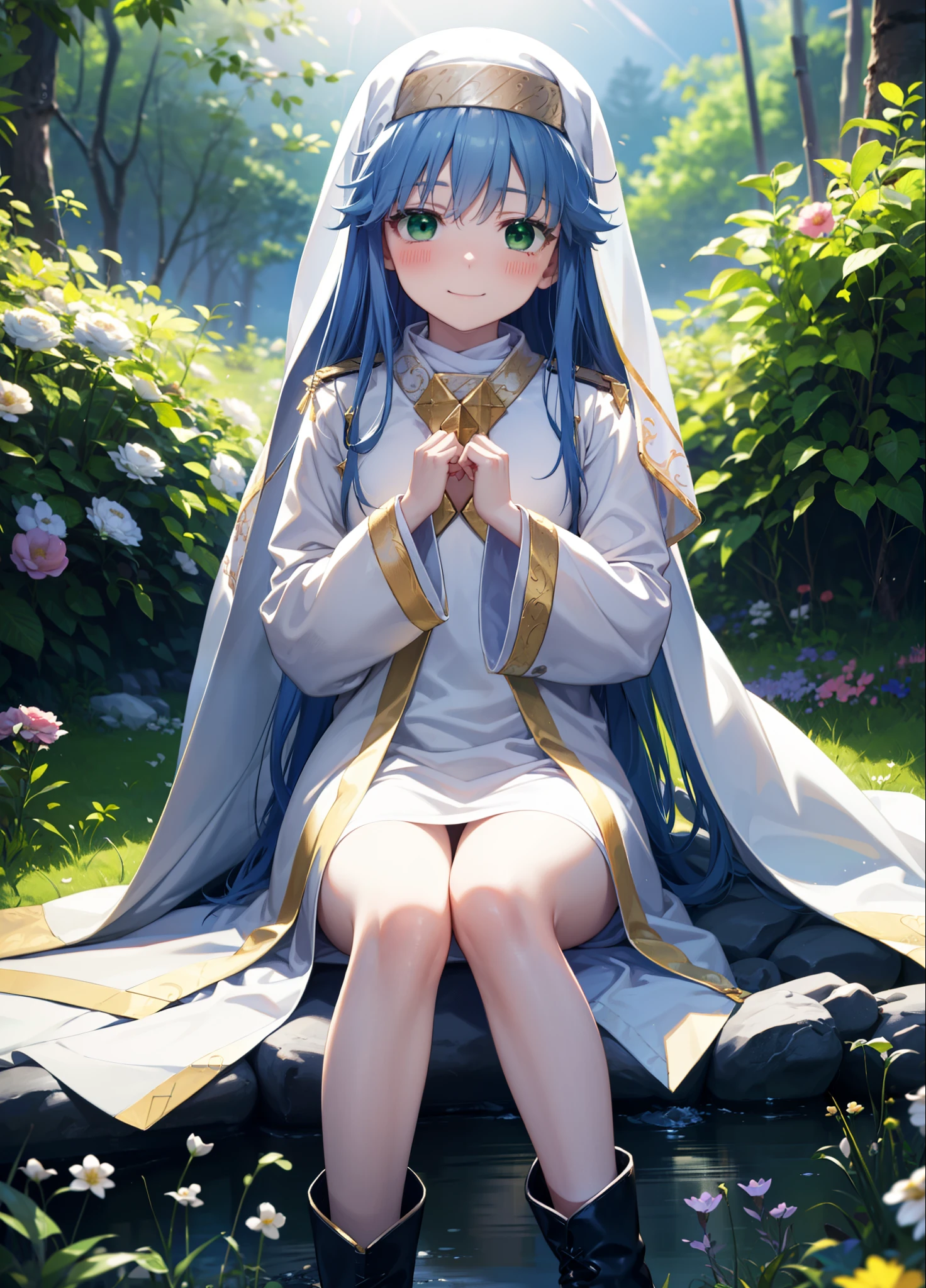 index, index, (Green Eyes:1.5), Blue Hair, Long Hair, (Flat Chest:1.2),
break habit, Long sleeve, Robe,白色Robe,Nuns,Wide sleeves,short boots,blush,happy smile, smile,corolla,whole bodyがイラストに入るように,Sitting,Looking up from below,
break looking at viewer, whole body,
break outdoors, nature,Flower Field,Large Lake,
break (masterpiece:1.2), highest quality, High resolution, unity 8k wallpaper, (shape:0.8), (Beautiful details:1.6), Highly detailed face, Perfect lighting, Highly detailed CG, (Perfect hands, Perfect Anatomy),