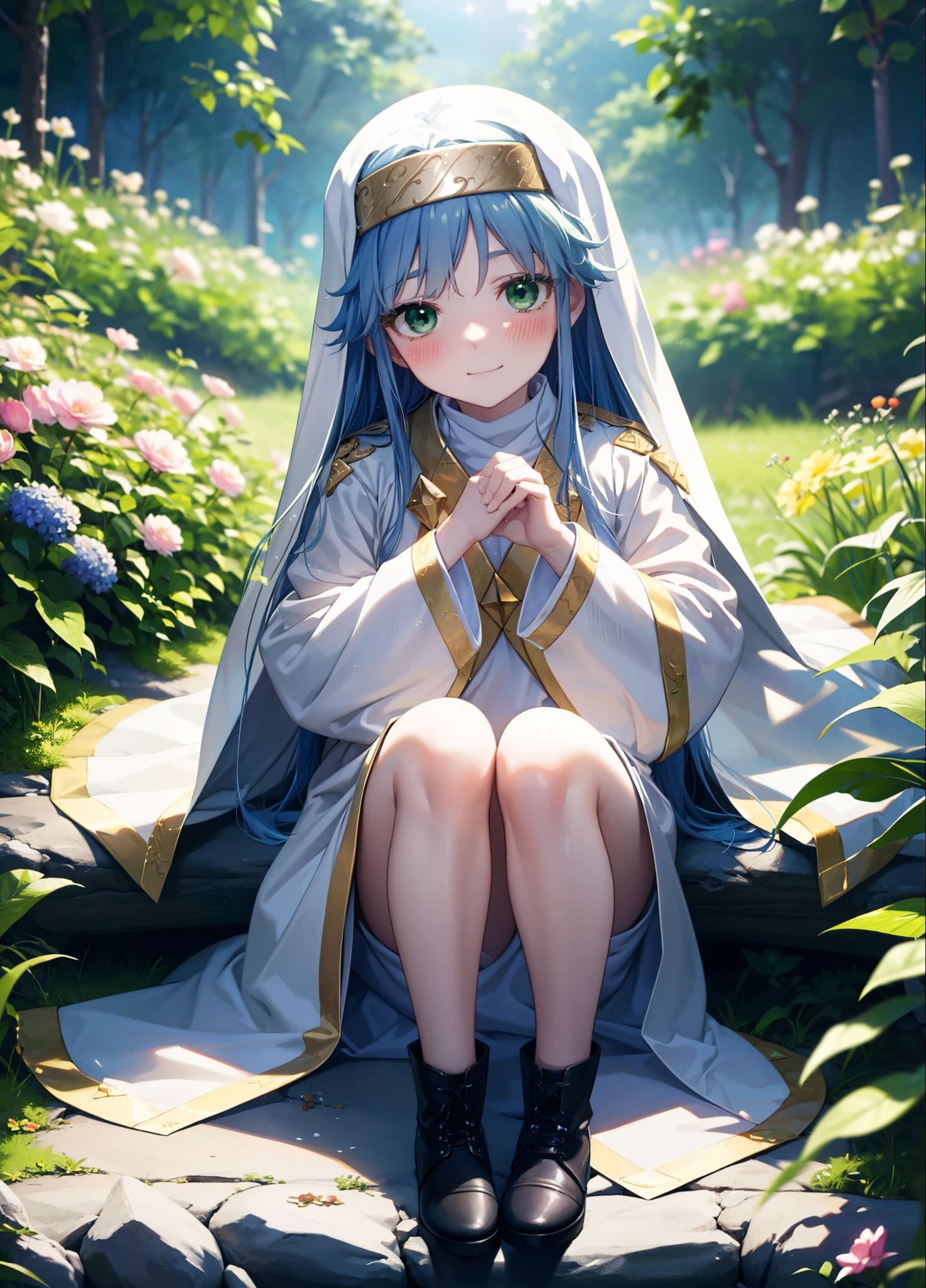 index, index, (Green Eyes:1.5), Blue Hair, Long Hair, (Flat Chest:1.2),
break habit, Long sleeve, Robe,白色Robe,Nuns,Wide sleeves,short boots,blush,happy smile, smile,corolla,whole bodyがイラストに入るように,Sitting,Looking up from below,
break looking at viewer, whole body,
break outdoors, nature,Flower Field,Large Lake,
break (masterpiece:1.2), highest quality, High resolution, unity 8k wallpaper, (shape:0.8), (Beautiful details:1.6), Highly detailed face, Perfect lighting, Highly detailed CG, (Perfect hands, Perfect Anatomy),