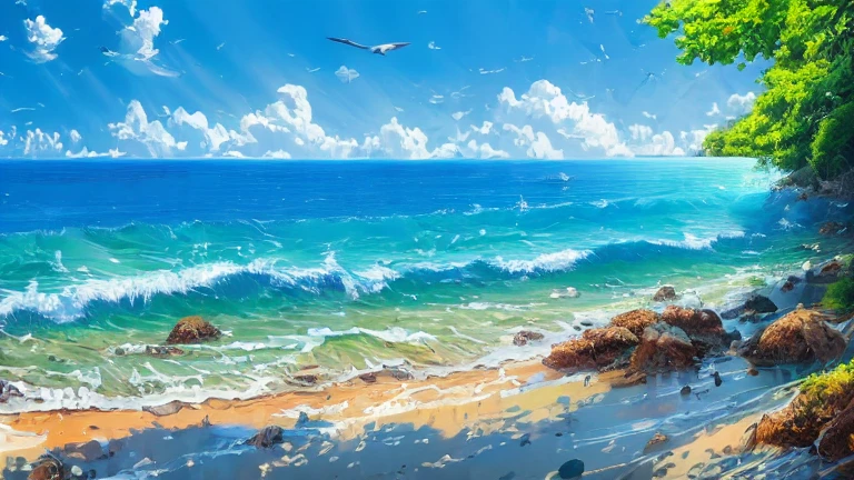 (masterpiece, best quality:1.2), blue sky,blue sea,Beach with green trees,Wooden table,Fruit drinks on the table,HD Wallpapers