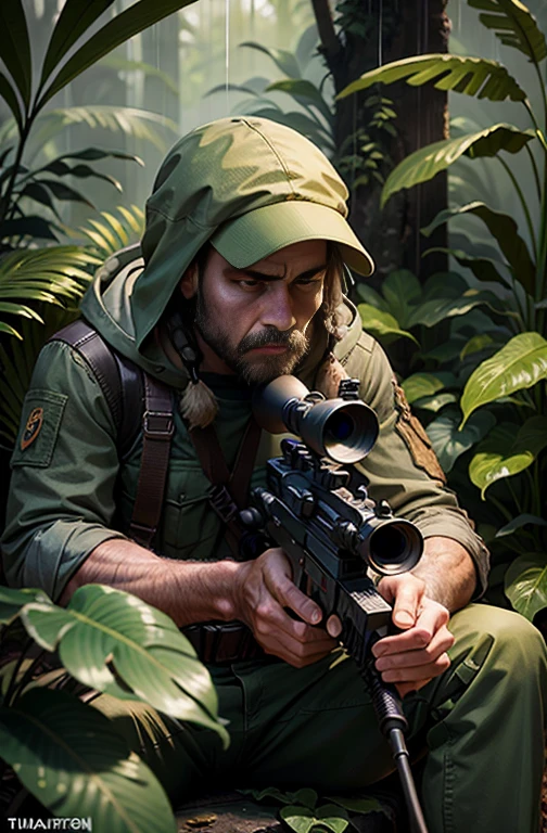 A sniper waiting for his target in the rainy jungle