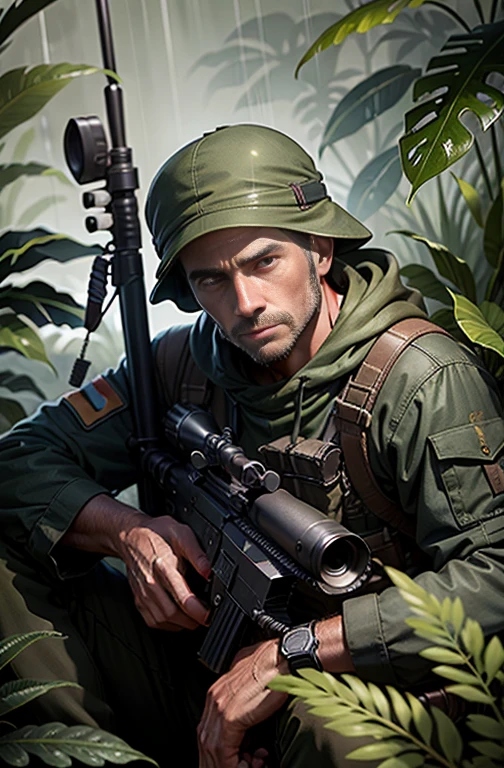 A sniper waiting for his target in the rainy jungle