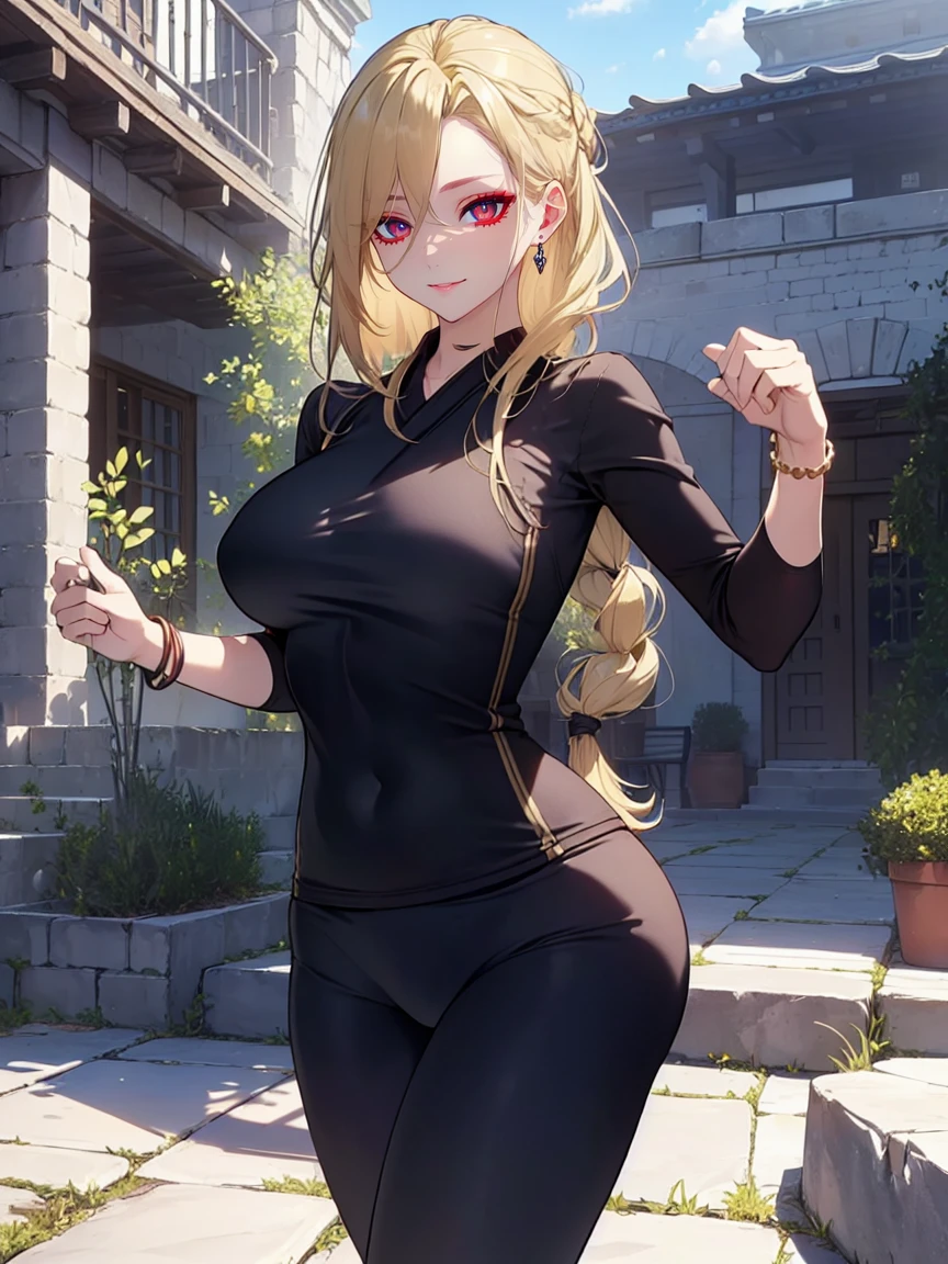 (Uhd, Masterpiece, Textured Skin, Super Detail, High Details, High Quality, Best Quality), Detailed Face, 1woman, mature pretty woman, ((wide hips, thick thighs, huge breasts)), ((Long blonde hair tied:1.5, Hair over the eye:1.5)), ((Black kimono, shoulderless:1.5, Bracelets), (Pants), (Huge body), (Cultivator), Courtyard with a stone floor, (Training clothing:1.5)