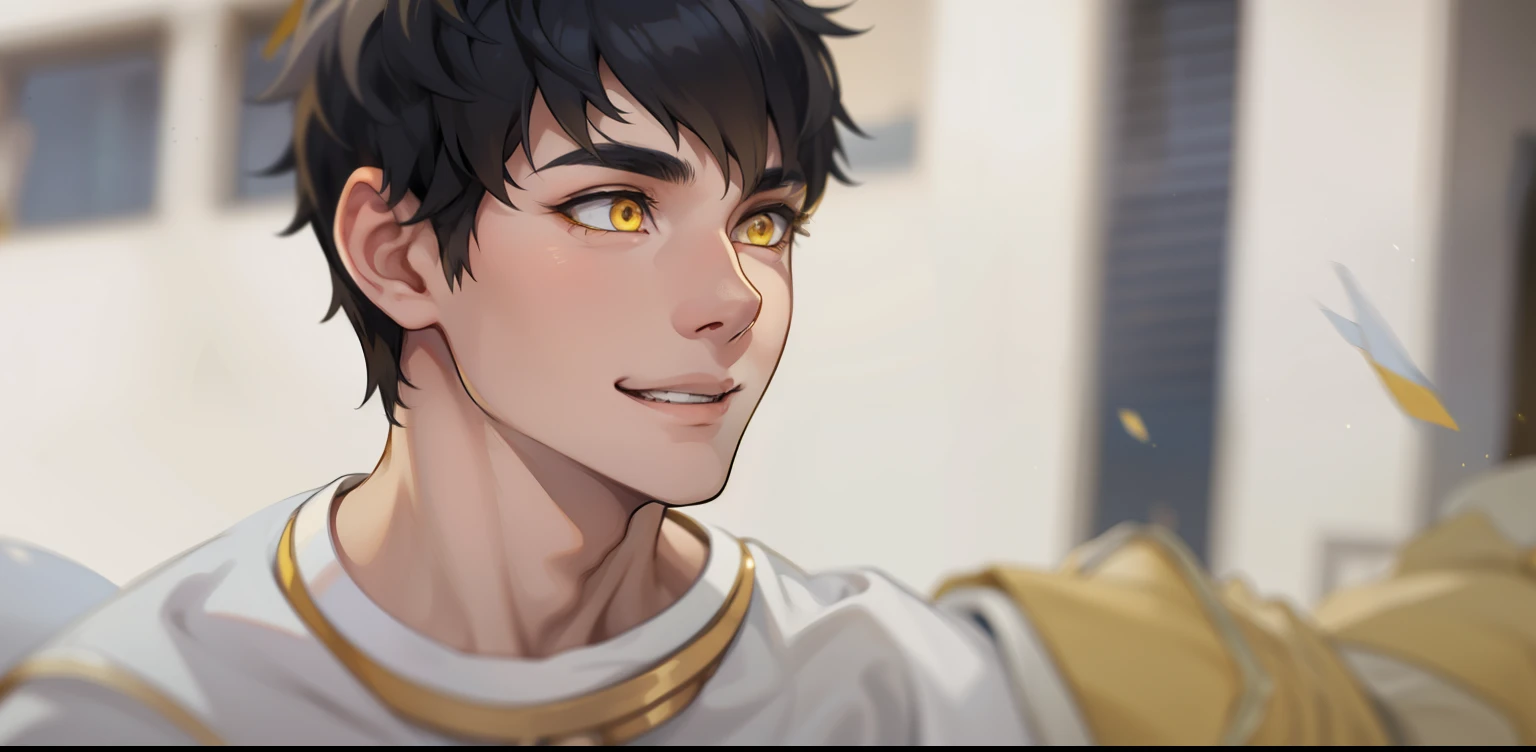 cute 18 year old boy yellow eyes white hair ancient egyptian clothing golden jewelry mischievous smile pocardia speaks with mockery irony yellow eyes white hair golden jewelry black and yellow egyptian clothes