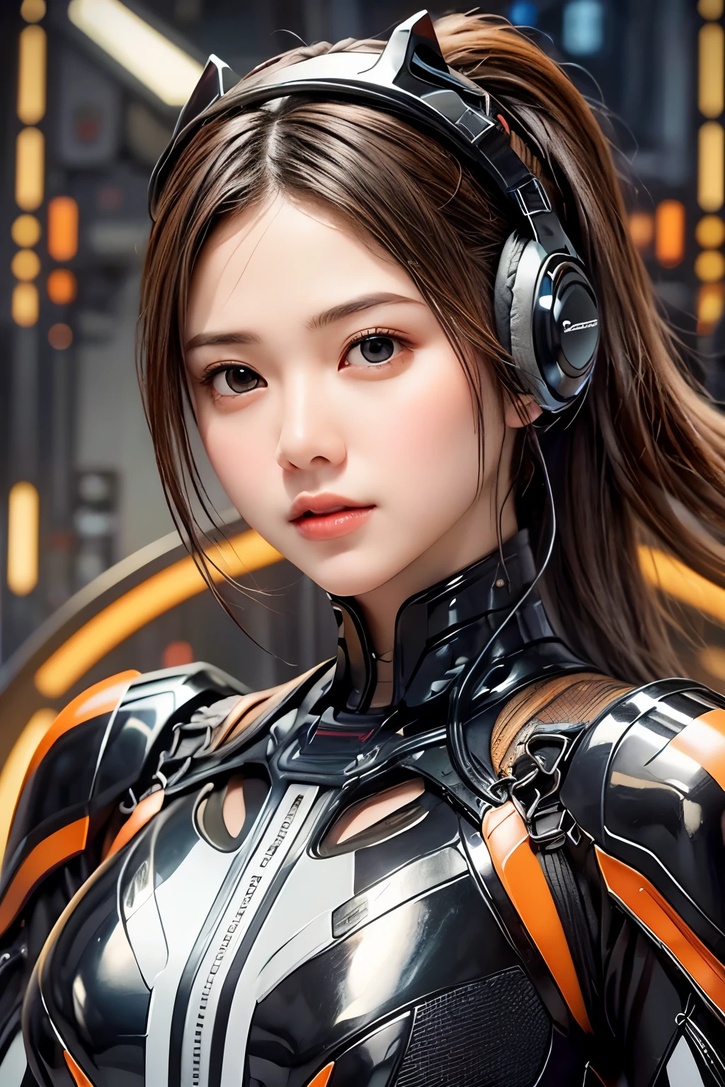 Top Quality, Masterpiece, Ultra High Resolution, (Photorealistic: 1.4), Raw Photo, 1 Girl, Black Hair, Glossy Skin, 1 Mechanical Girl, (((Ultra Realistic Details)), (realistic face: 1.2), realistic skin, Global Illumination, Shadows, Octane Rendering, 8K, Ultra Sharp, Intricate Ornaments Details, wearing Futuristic Headphone,  Futuristic headgear, very intricate detail, realistic light, CGStation trend, brown eyes, glowing eyes, matte black and glossy orange bodysuit, orange lining on suit, Long hair, Ponytail hair, half body shot, spaceship bridge background, dynamic pose, 