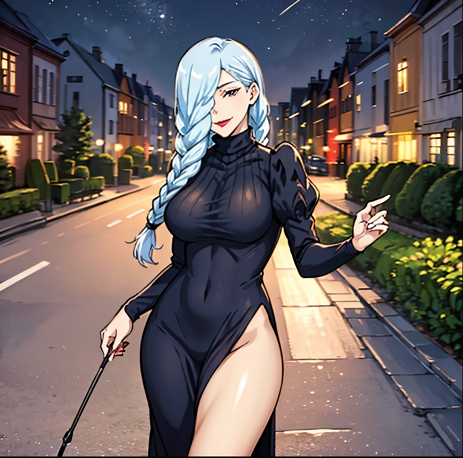 1 girl, alone, mei mei, long hair, braid, hair over one eye, dress, smile, black dress, looking at viewer, from the front, pov (from above), large breasts, medium waist, wide hips, round butt ,long sleeves, braided bangs, large breasts, blue hair, braided ponytail, turtleneck sweater dress, cowboy shot, make up, red lips, gray hair, one eye covered, puffy sleeves, red lipstick, closed mouth, turtleneck sweater, session, girl session in, session in, black eyes, half-closed eyes, curves, wide hips, covered navel, impossible clothes, outdoors, night, sky, clouds, stars, streetLights, Lights, buildings, plants, bushes, (squint:1.2), (squint:1.2), break masterpiece, best quality, highly detailed background, perfect lightingbest quality, ((glowing skin, Glowing Skin, detailed skin)), perfect anatomy perfect hands